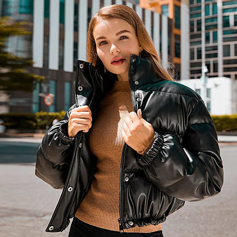 Women's Winter Thick PU Leather Coat - Stylish & Warm Outerwear